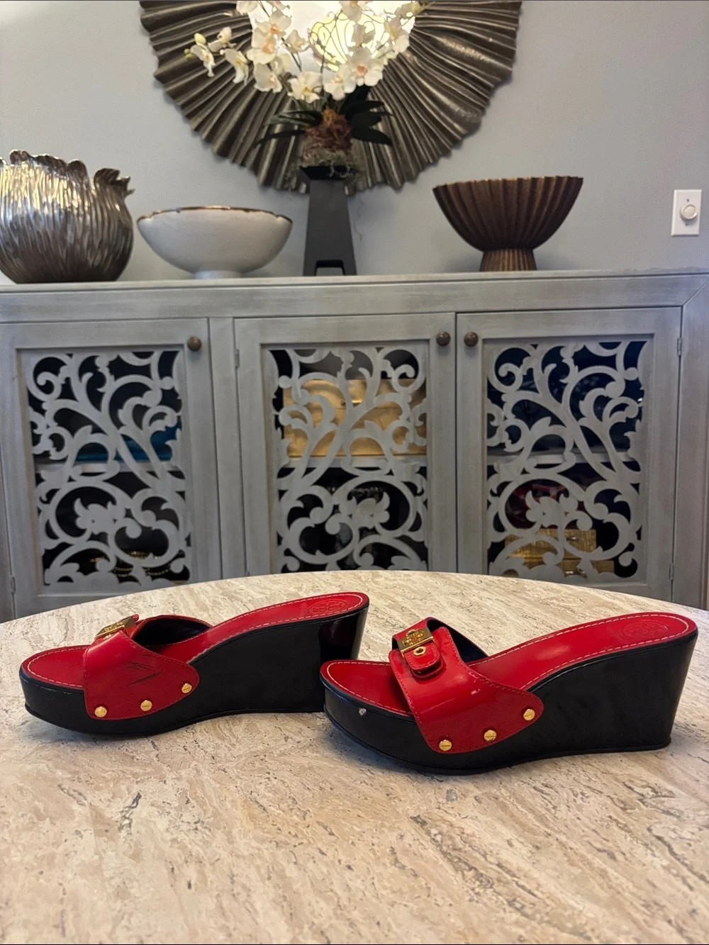 Tory Burch Red Patent Slide Mules with Gold Logo